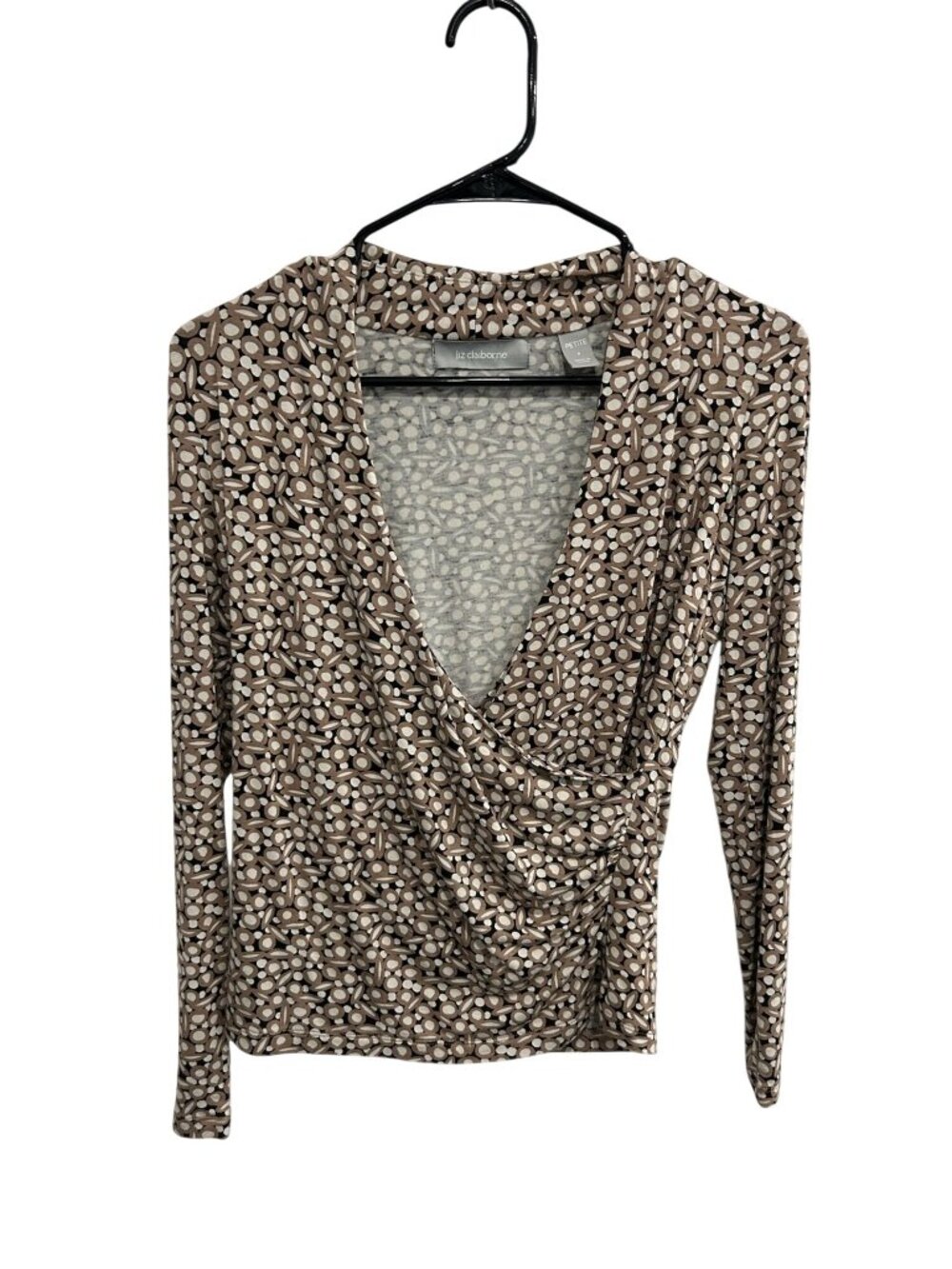 Liz Claiborne Petite Brown Beige Circle Print Draped V-Neck Blouse Top Academia